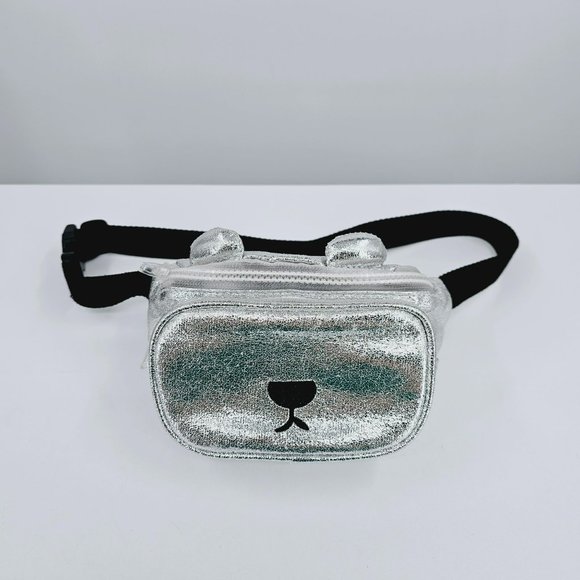 Zara Teddy Bear Fanny Pack Sling Back Metallic Silver Black Small Adjustable Fun - Picture 1 of 10